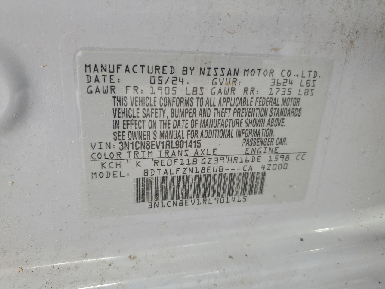 2024 Nissan Versa Sv VIN: 3N1CN8EV1RL901415 Lot: 61486315