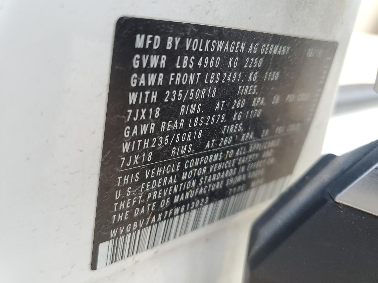 2015 Volkswagen Tiguan S VIN: WVGBV7AX7FW613023 Lot: 62171835