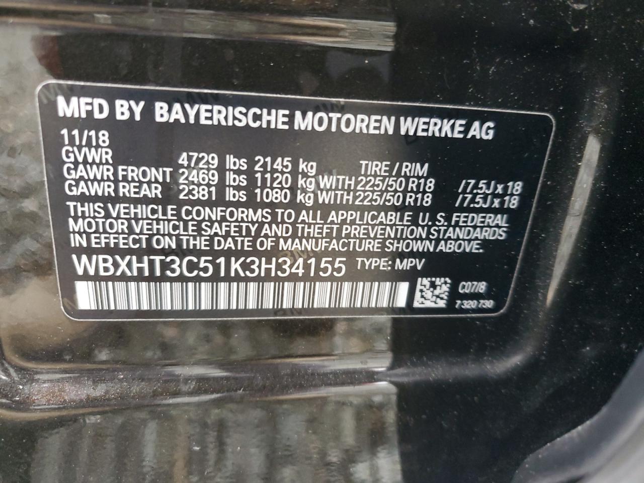 2019 BMW X1 xDrive28I VIN: WBXHT3C51K3H34155 Lot: 58805095
