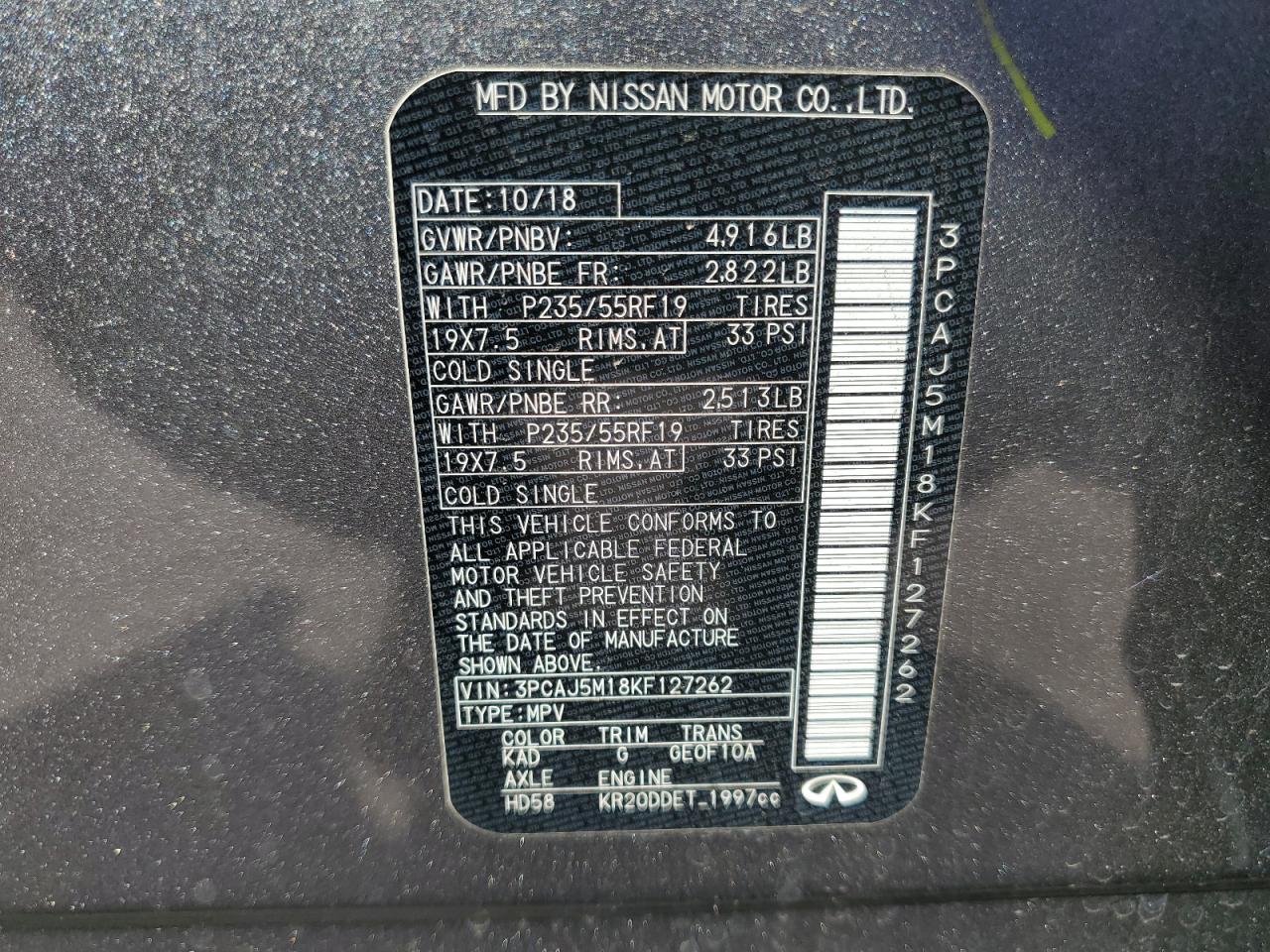 2019 Infiniti Qx50 Essential VIN: 3PCAJ5M18KF127262 Lot: 60551915