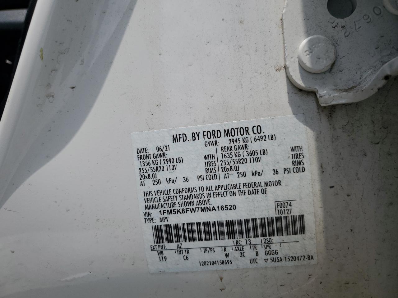 2021 Ford Explorer Limited VIN: 1FM5K8FW7MNA16520 Lot: 61987135