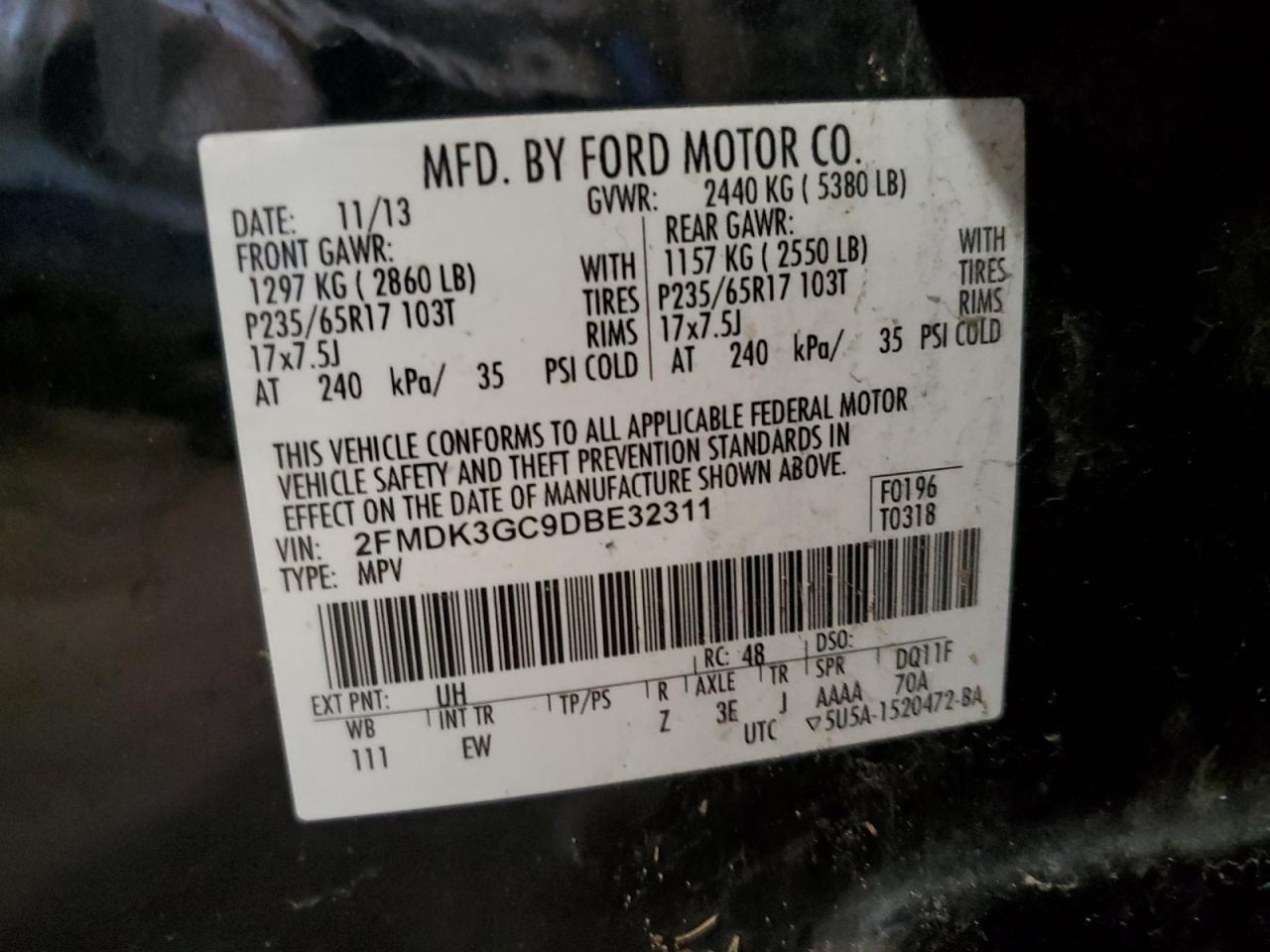 2013 Ford Edge Se VIN: 2FMDK3GC9DBE32311 Lot: 60854065