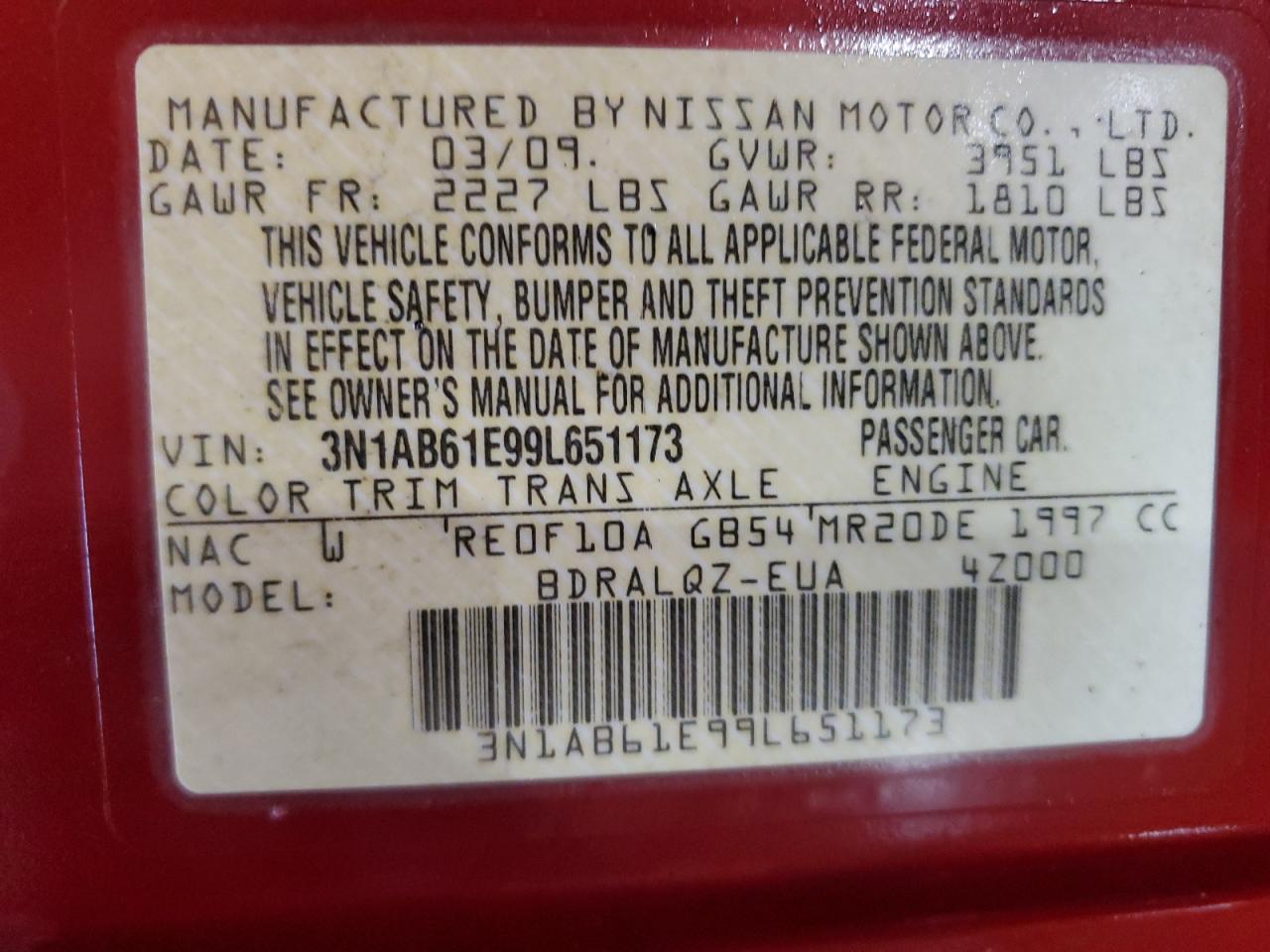2009 Nissan Sentra 2.0 VIN: 3N1AB61E99L651173 Lot: 62859765