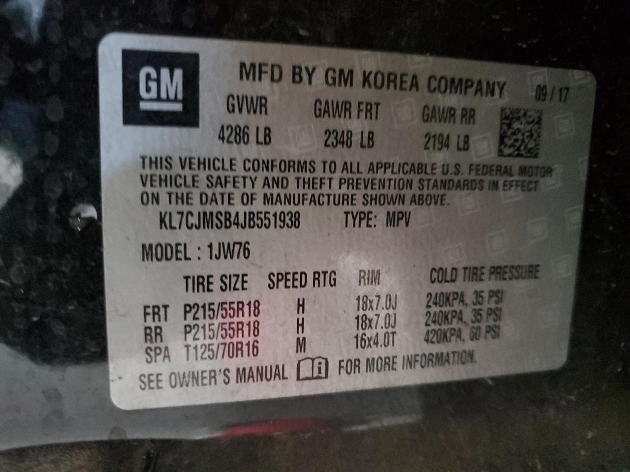 KL7CJMSB4JB551938 CHEVROLET TRAX 2018