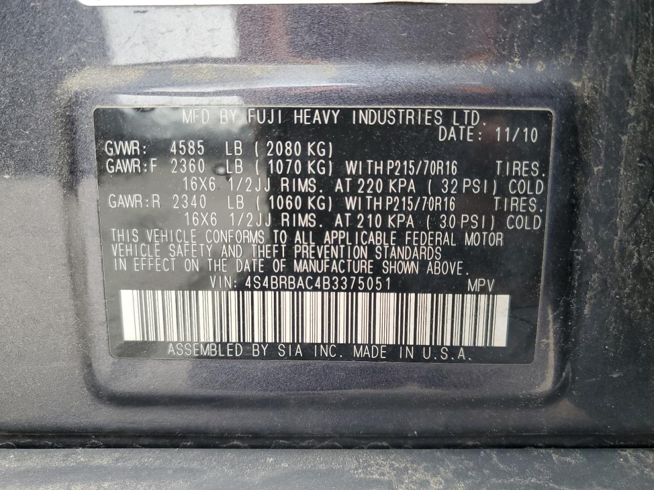 2011 Subaru Outback 2.5I VIN: 4S4BRBAC4B3375051 Lot: 61265535