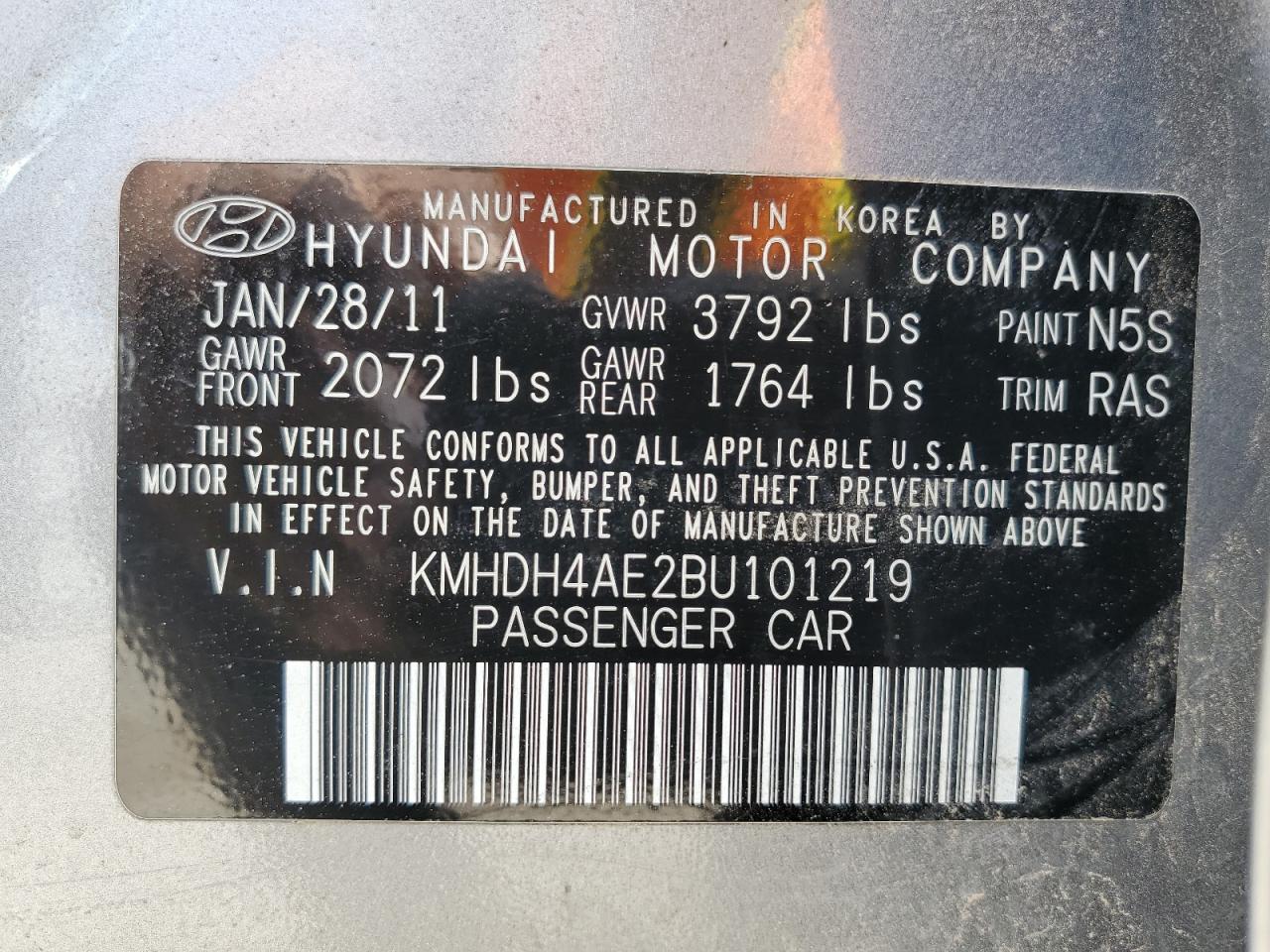 2011 Hyundai Elantra Gls VIN: KMHDH4AE2BU101219 Lot: 63112025