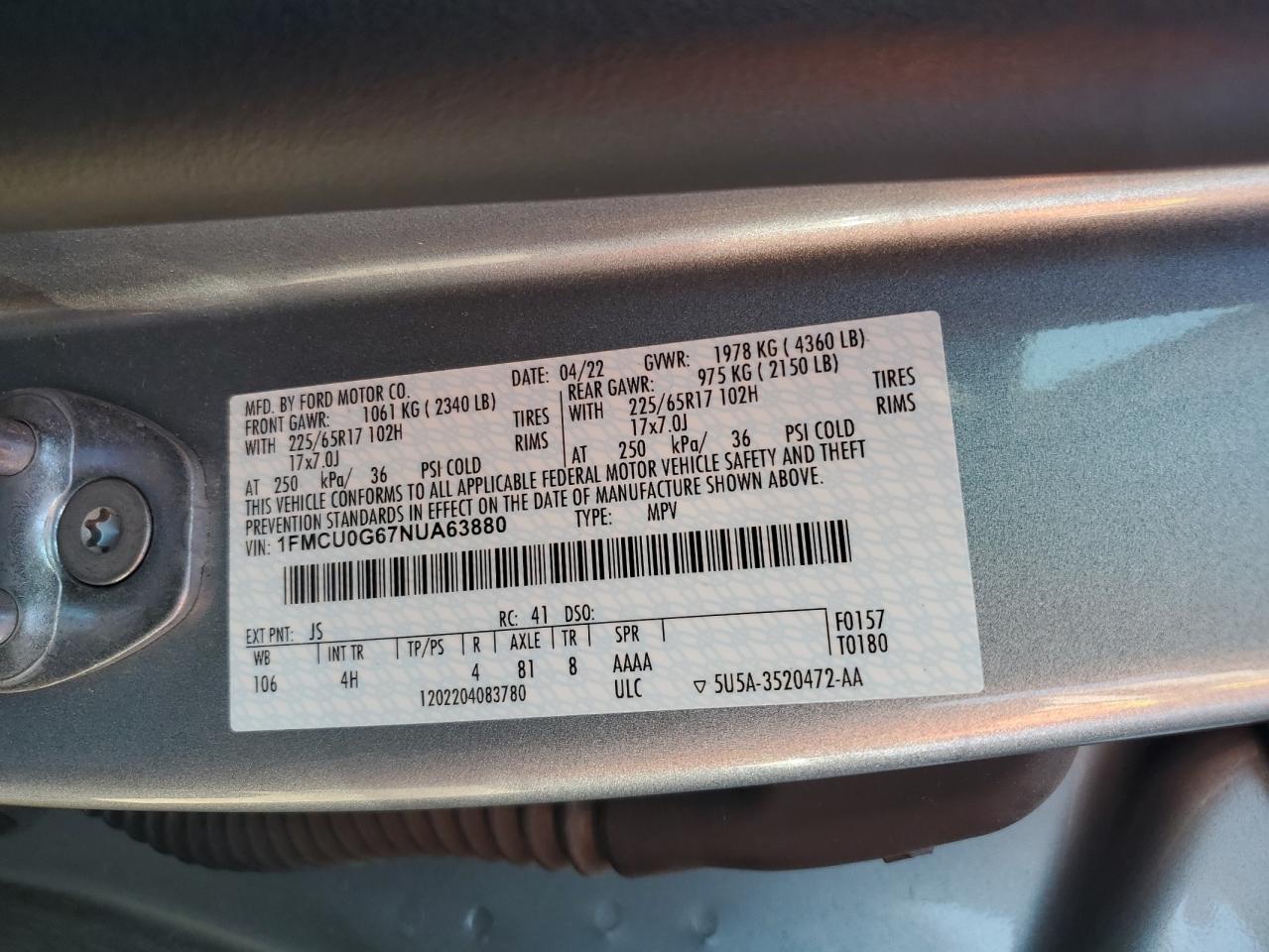 2022 Ford Escape Se VIN: 1FMCU0G67NUA63880 Lot: 61545635