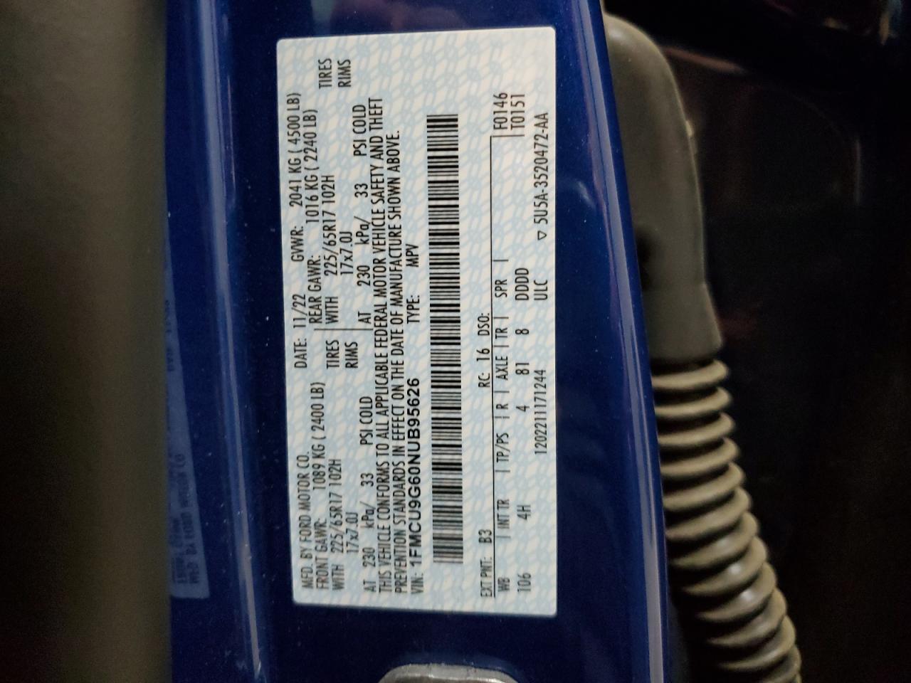 2022 Ford Escape Se VIN: 1FMCU9G60NUB95626 Lot: 61984335
