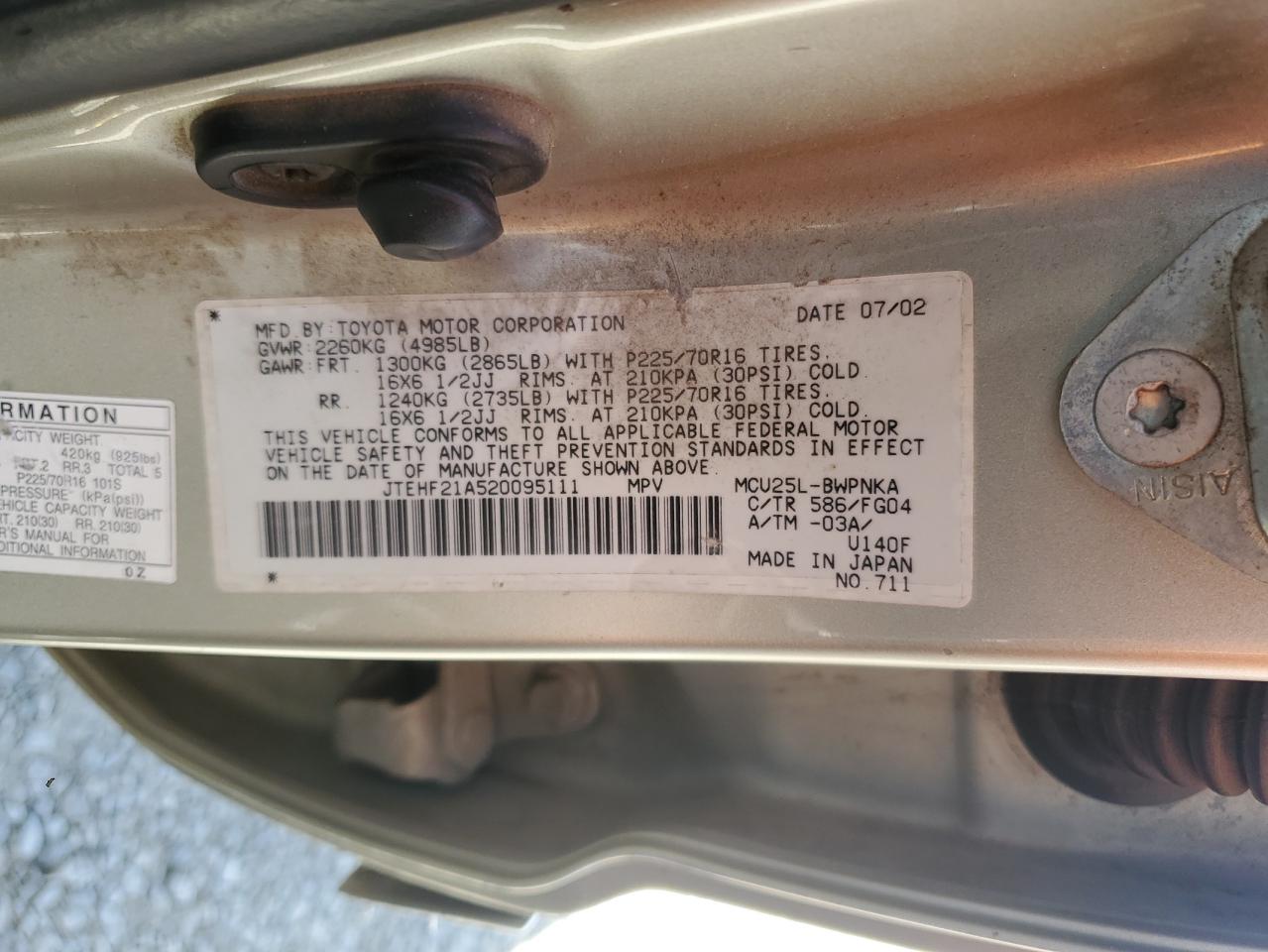 2002 Toyota Highlander Limited VIN: JTEHF21A520095111 Lot: 62394905