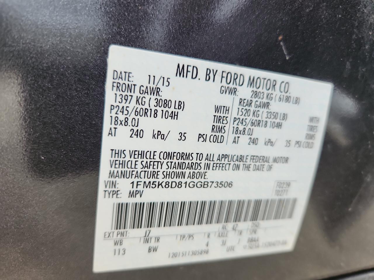 1FM5K8D81GGB73506 FORD EXPLORER 2016