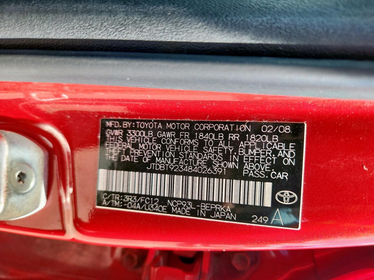 2008 Toyota Yaris VIN: JTDBT923484026391 Lot: 62913275
