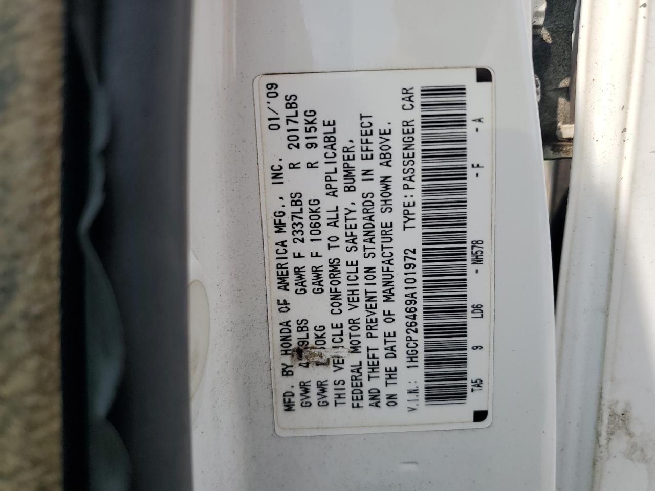 2009 Honda Accord Lxp VIN: 1HGCP26469A101972 Lot: 63112885
