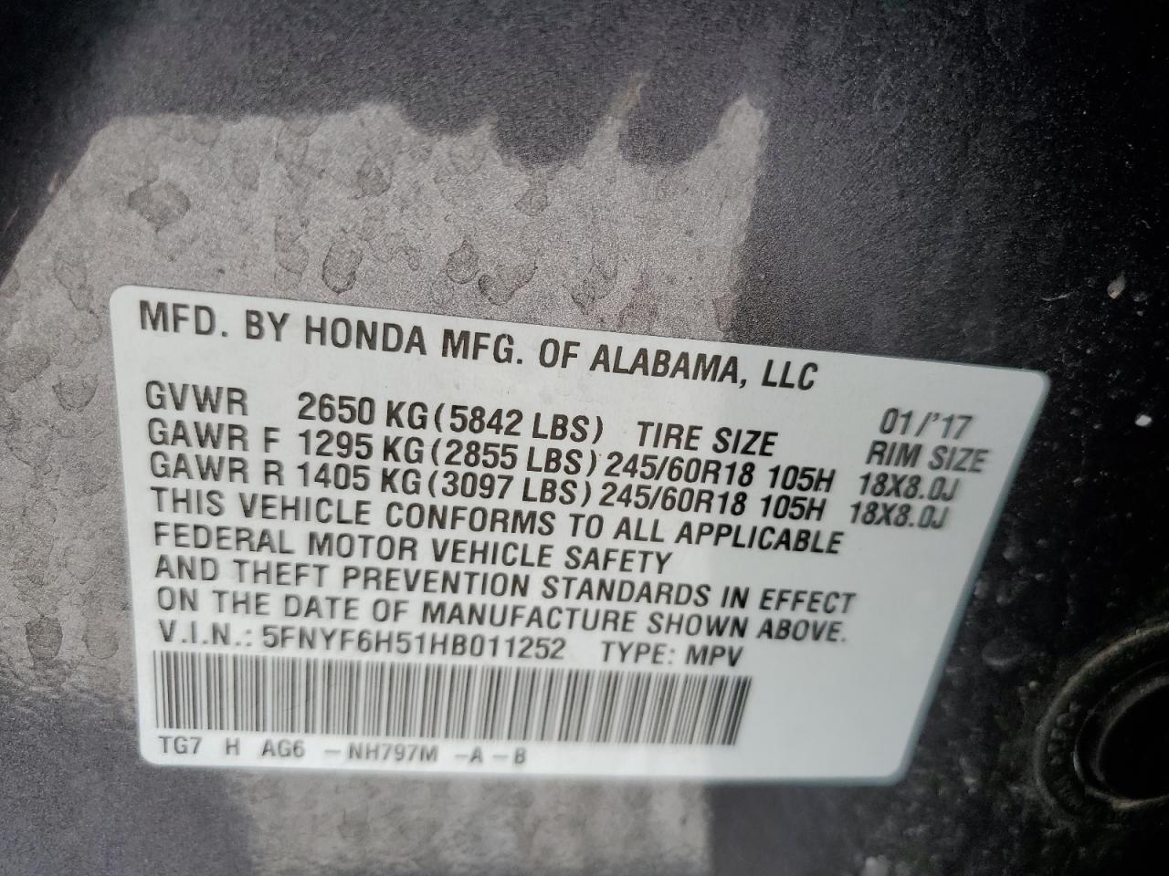 2017 Honda Pilot Exl VIN: 5FNYF6H51HB011252 Lot: 63078865