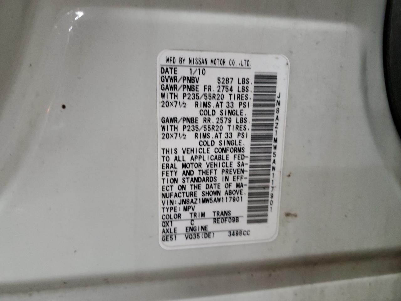 2010 Nissan Murano S VIN: JN8AZ1MW5AW117901 Lot: 63301175