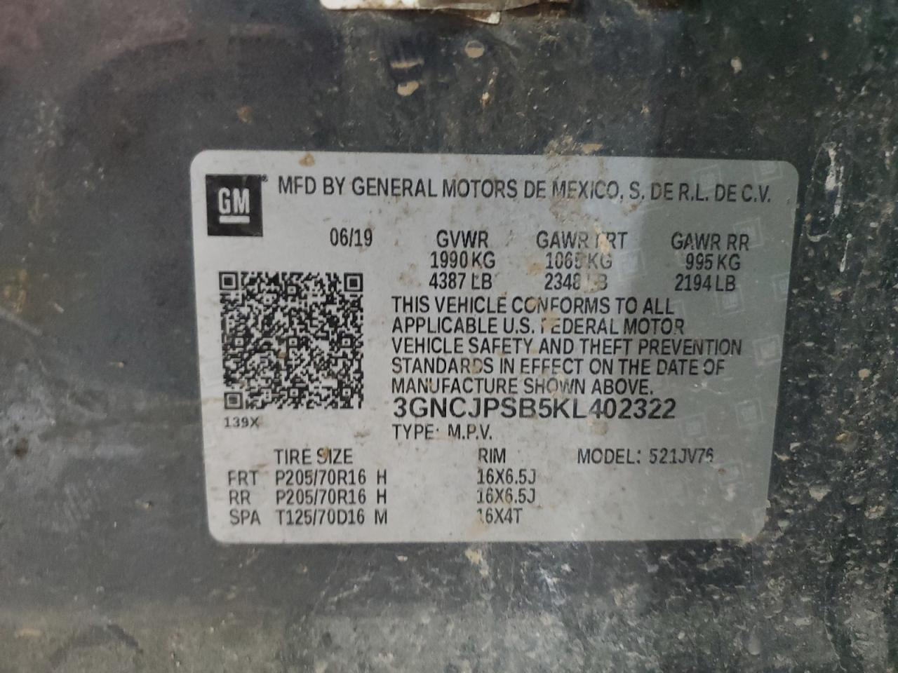 2019 Chevrolet Trax 1Lt VIN: 3GNCJPSB5KL402322 Lot: 59941905