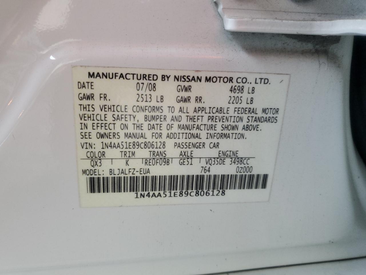 2009 Nissan Maxima S VIN: 1N4AA51E89C806128 Lot: 62848665