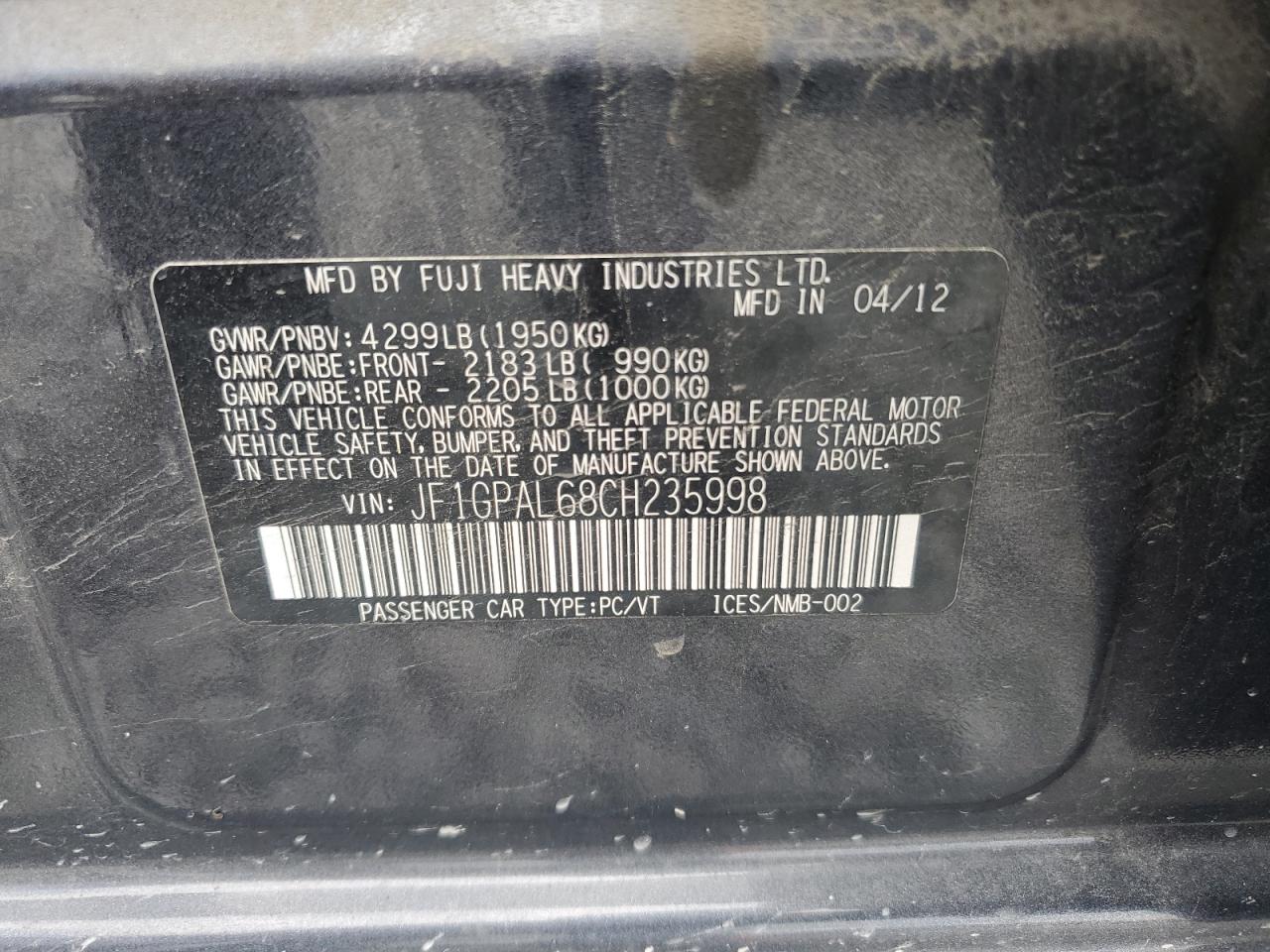 2012 Subaru Impreza Sport Premium VIN: JF1GPAL68CH235998 Lot: 62184455
