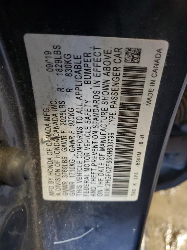 2HGFC2F66KH603799 HONDA CIVIC 2019