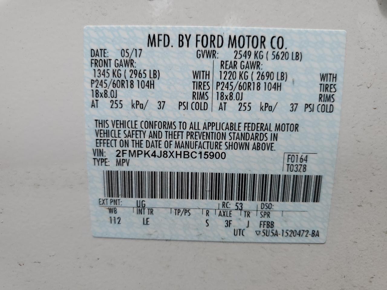 2017 Ford Edge Sel VIN: 2FMPK4J8XHBC15900 Lot: 62317695