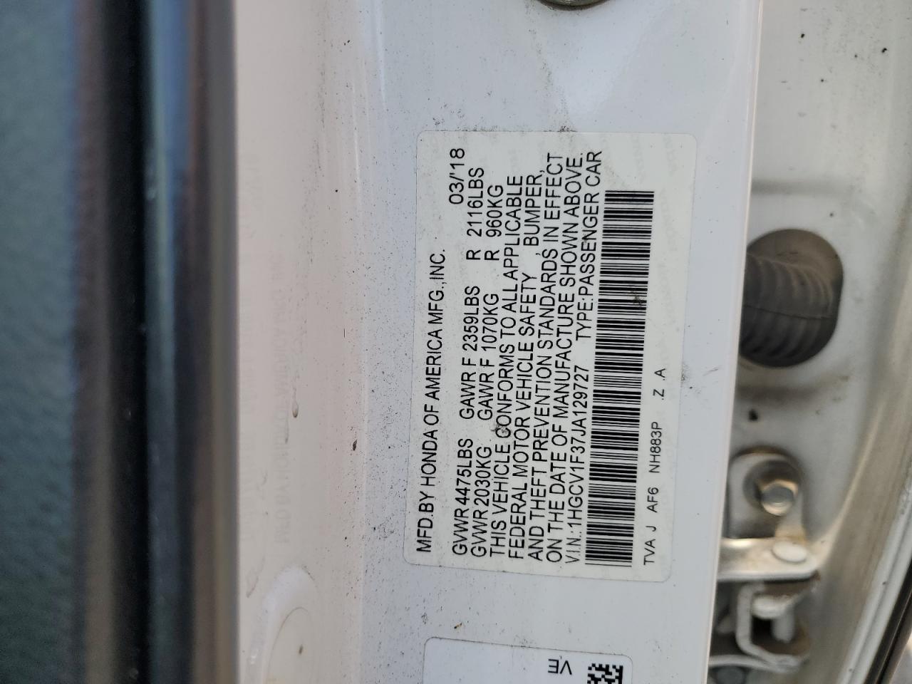 1HGCV1F37JA129727 HONDA ACCORD 2018