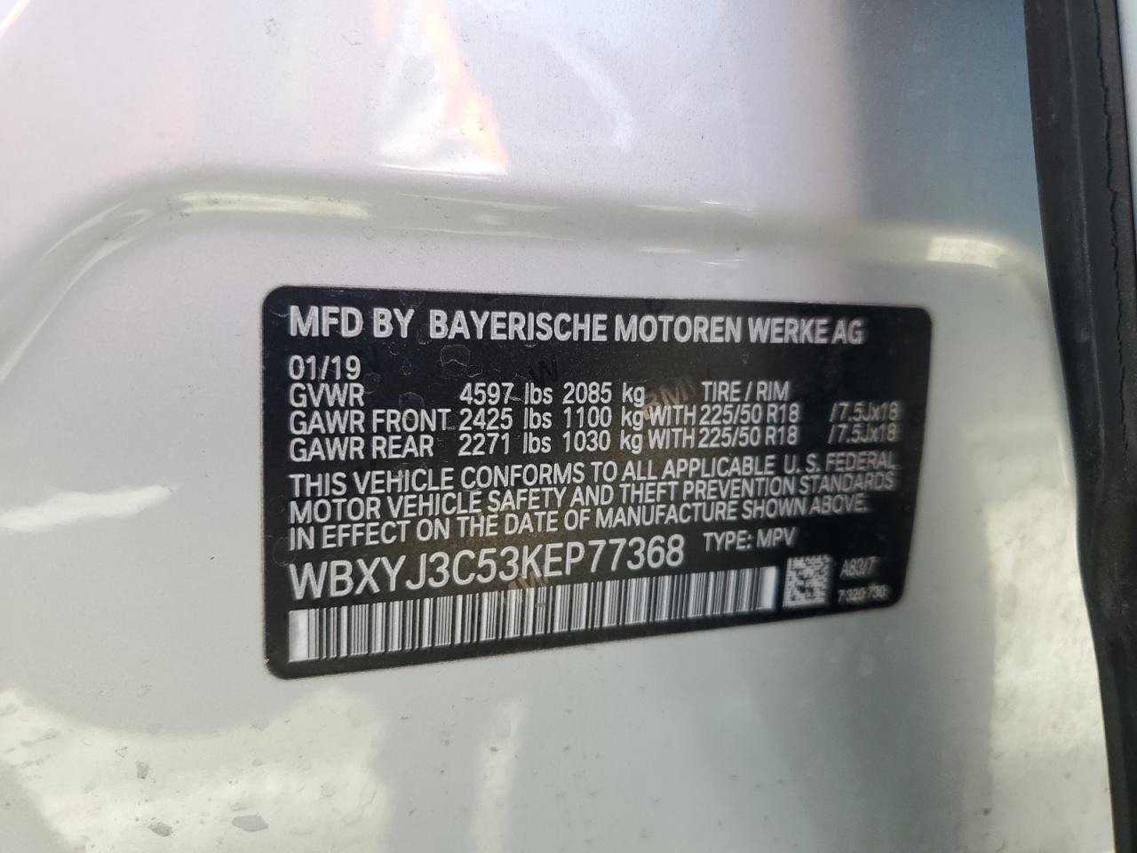 2019 BMW X2 Sdrive28I VIN: WBXYJ3C53KEP77368 Lot: 60454215