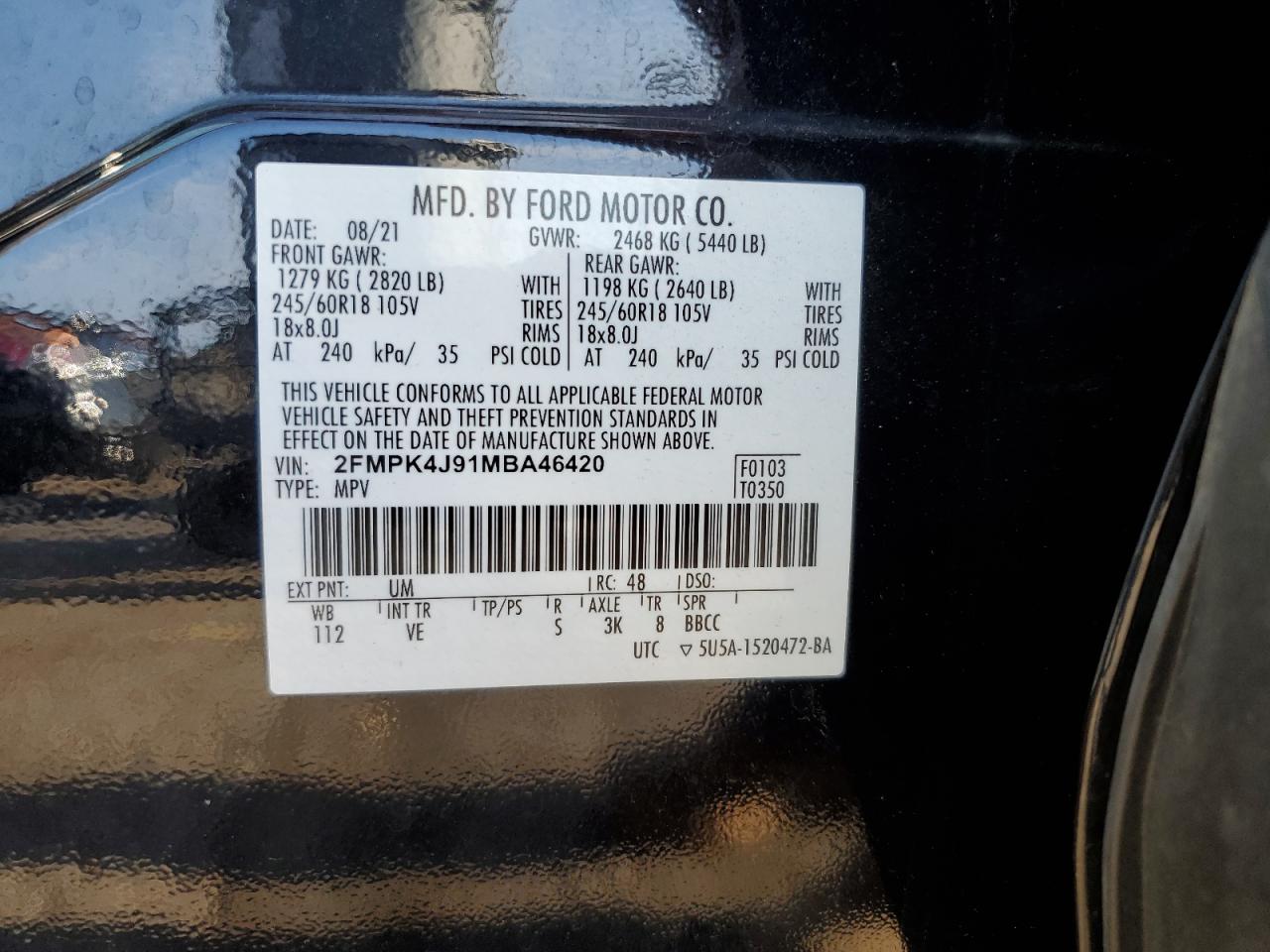 2021 Ford Edge Sel VIN: 2FMPK4J91MBA46420 Lot: 62997965