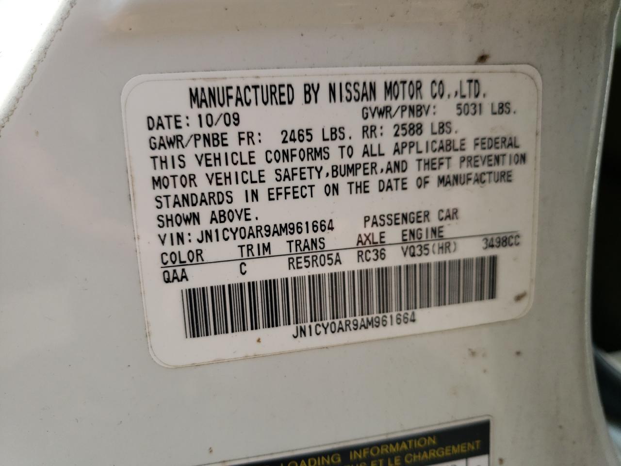 2010 Infiniti M35 Base VIN: JN1CY0AR9AM961664 Lot: 61730285