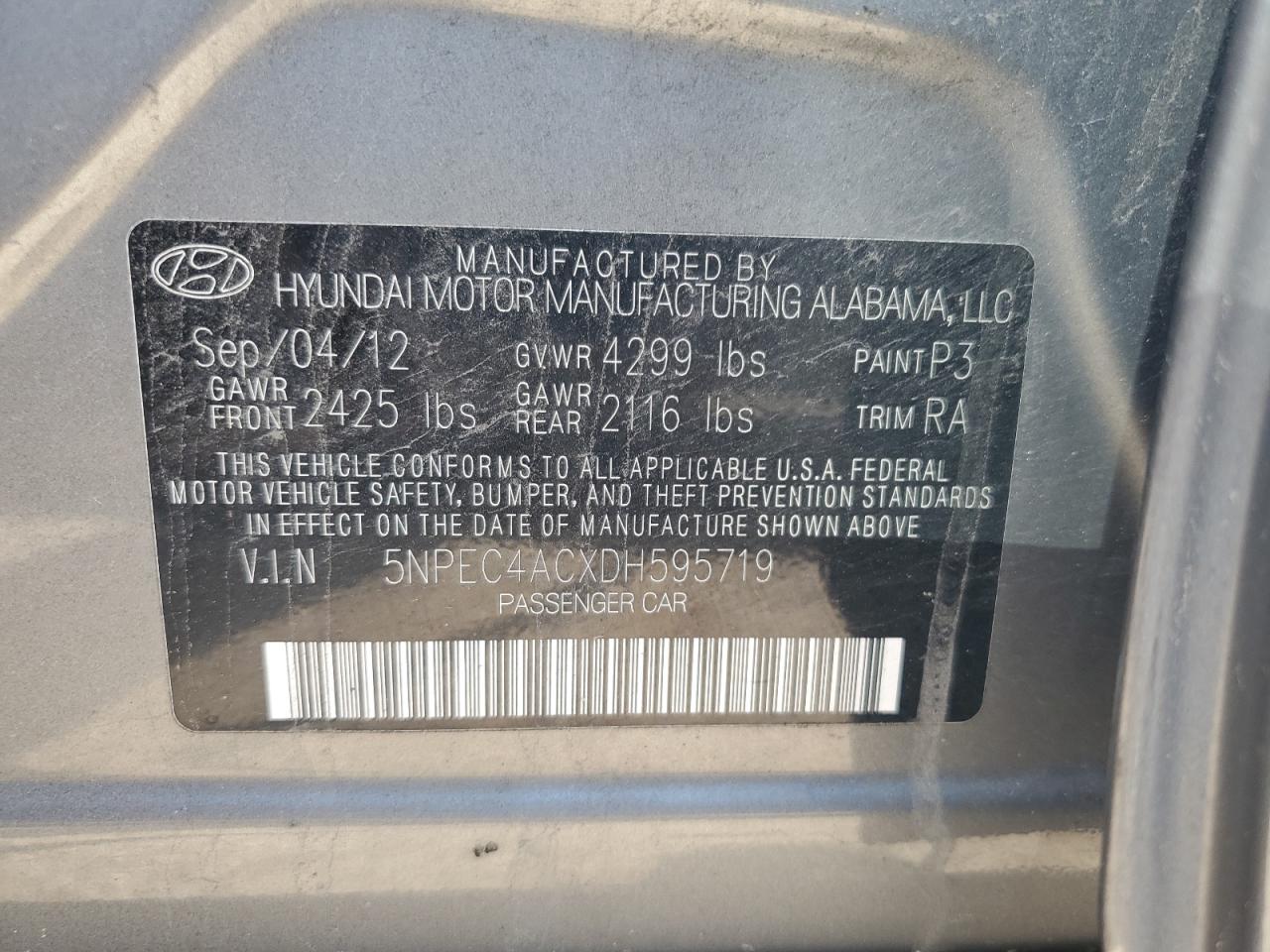 2013 Hyundai Sonata Se VIN: 5NPEC4ACXDH595719 Lot: 62597085