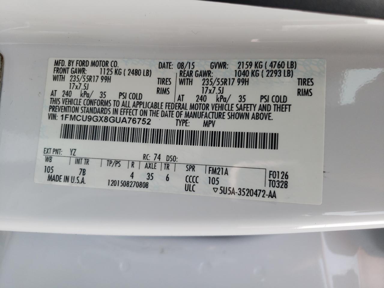 1FMCU9GX8GUA76752 FORD ESCAPE 2016