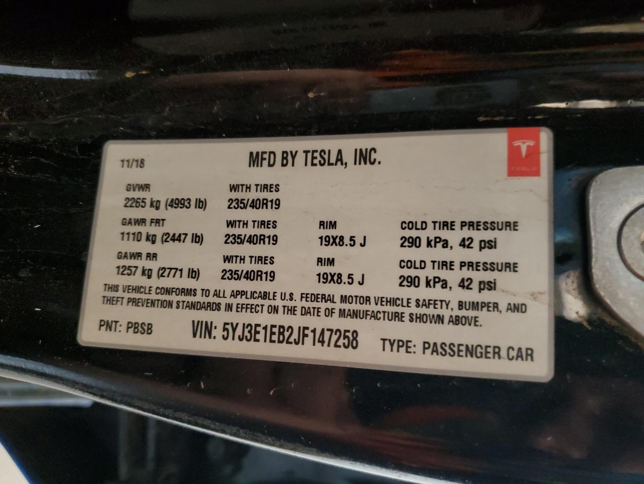 2018 Tesla Model 3 VIN: 5YJ3E1EB2JF147258 Lot: 63067905
