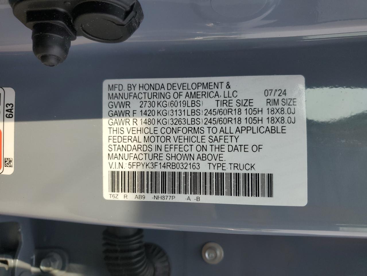 5FPYK3F14RB032163 HONDA RIDGELINE 2024