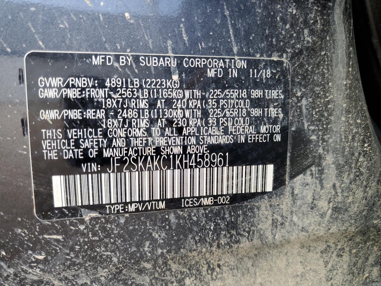 2019 Subaru Forester Sport VIN: JF2SKAKC1KH458961 Lot: 61159825