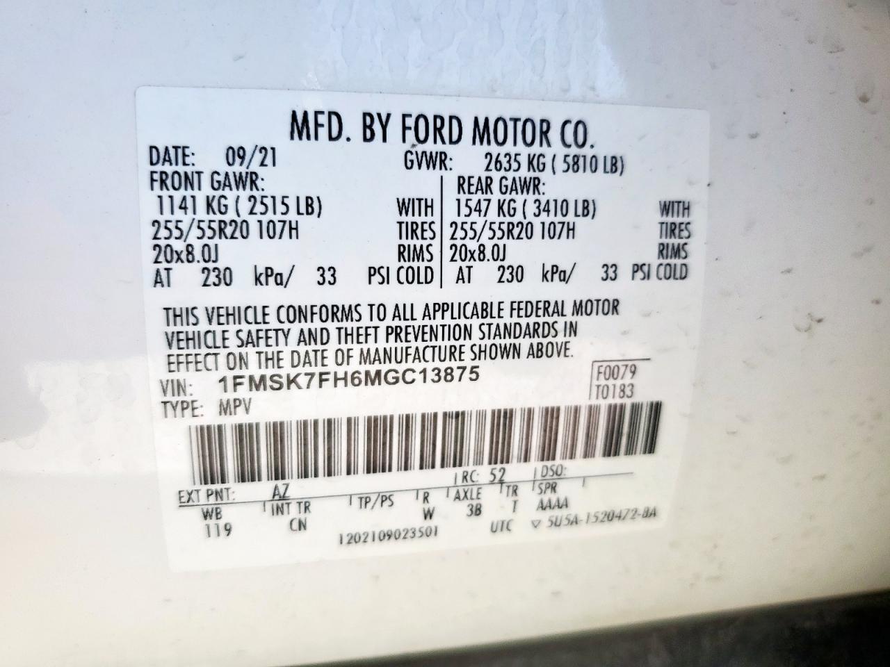 2021 Ford Explorer Limited VIN: 1FMSK7FH6MGC13875 Lot: 62504965