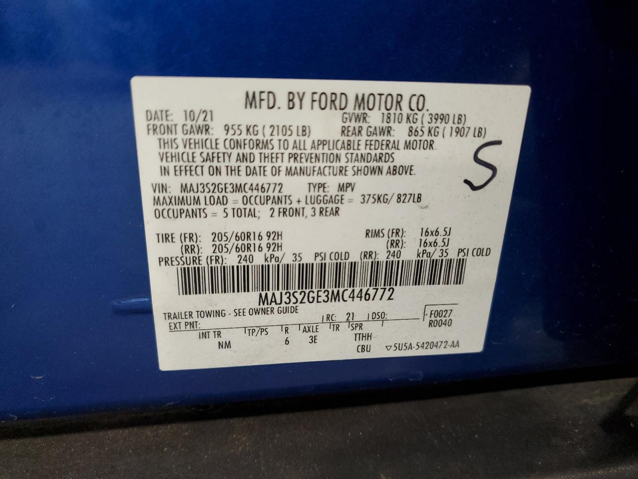 2021 Ford Ecosport Se VIN: MAJ3S2GE3MC446772 Lot: 62092305