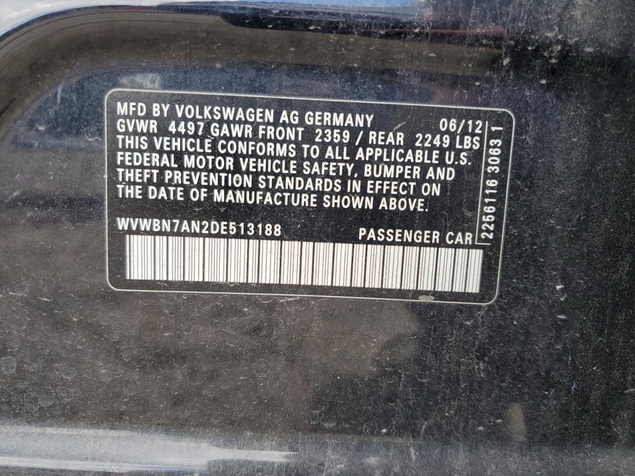 2013 Volkswagen Cc Sport VIN: WVWBN7AN2DE513188 Lot: 62385155