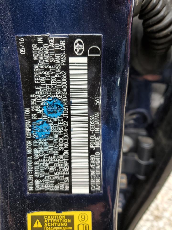 2016 Toyota Mirai VIN: JTDBVRBD4GA000862 Lot: 59301755