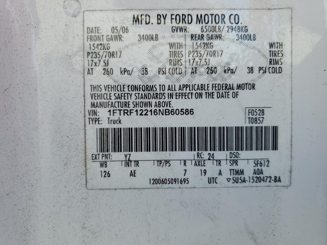 FORD All Models 2006 VIN 1FTRF12216NB60586 zdjęcie 12