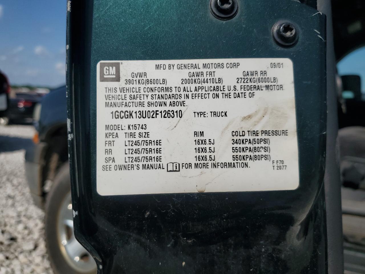 2002 Chevrolet Silverado K1500 Heavy Duty VIN: 1GCGK13U02F126310 Lot: 61387235