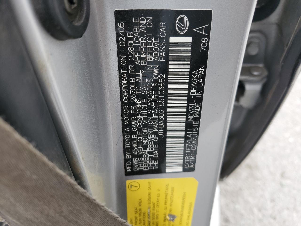 2005 Lexus Es 330 VIN: JTHBA30G155103652 Lot: 60245145