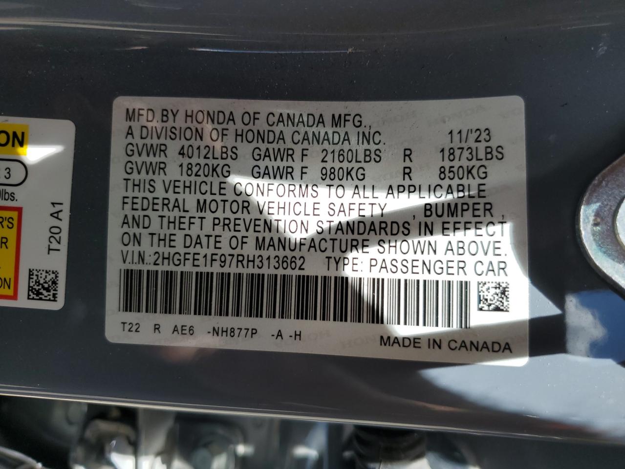 2024 Honda Civic Touring VIN: 2HGFE1F97RH313662 Lot: 61184005