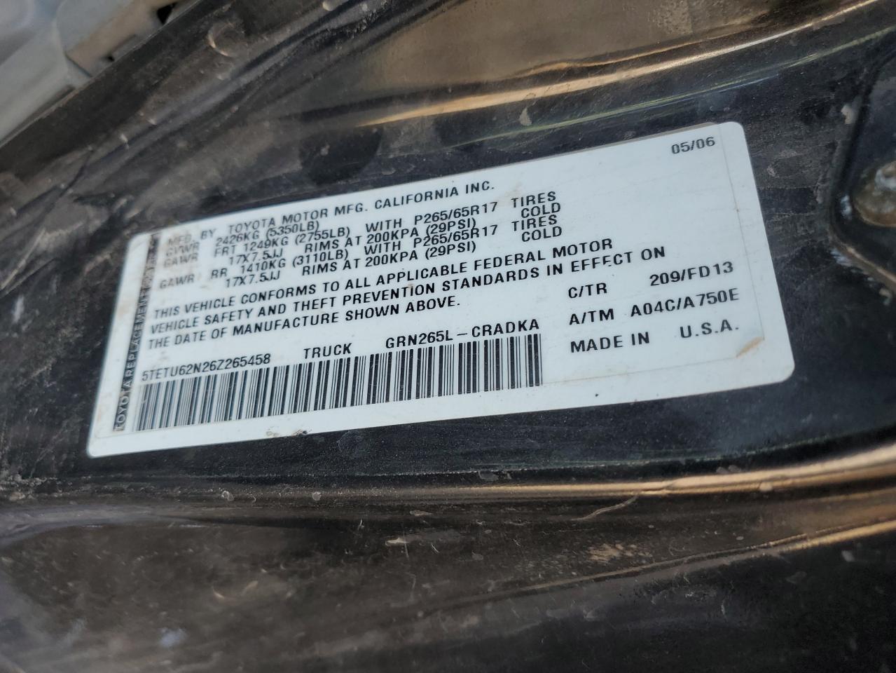 2006 Toyota Tacoma Prerunner Access Cab VIN: 5TETU62N26Z265458 Lot: 62102585