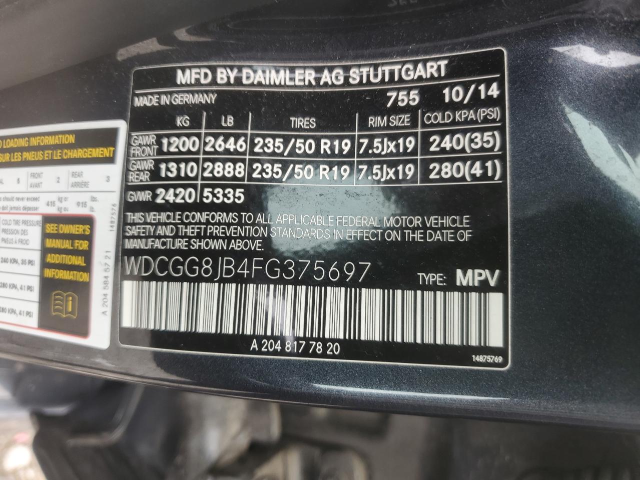 2015 Mercedes-Benz Glk 350 4Matic VIN: WDCGG8JB4FG375697 Lot: 58950165