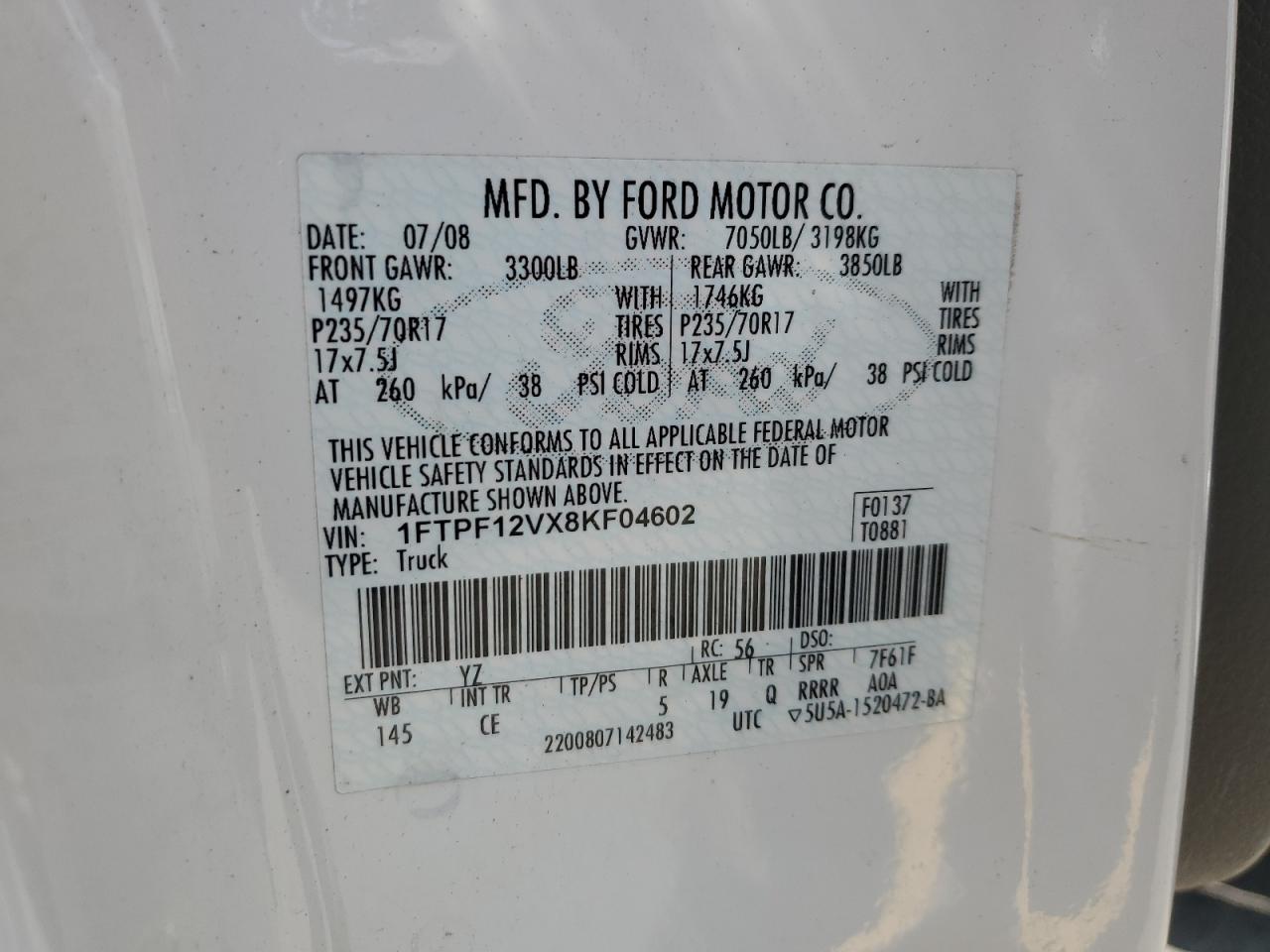 2008 Ford F150 VIN: 1FTPF12VX8KF04602 Lot: 59392085