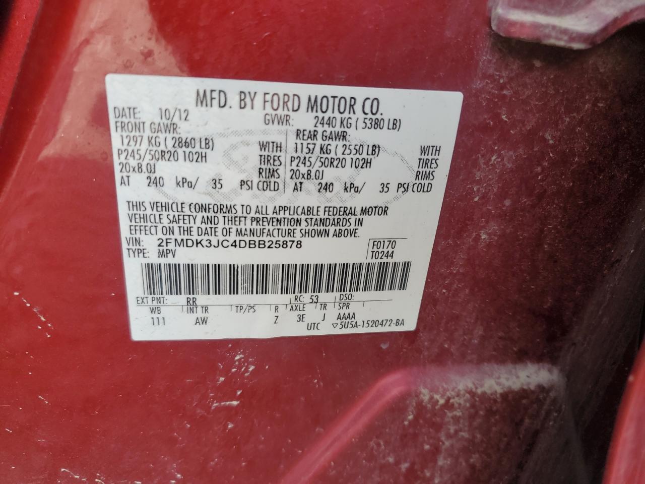 2013 Ford Edge Sel VIN: 2FMDK3JC4DBB25878 Lot: 62993175