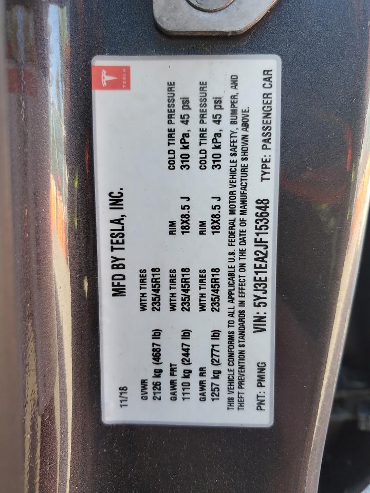 2018 Tesla Model 3 VIN: 5YJ3E1EA2JF153648 Lot: 54052195