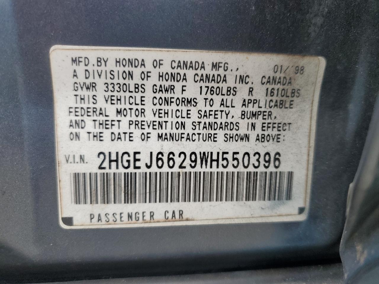 1998 Honda Civic Dx VIN: 2HGEJ6629WH550396 Lot: 61716845