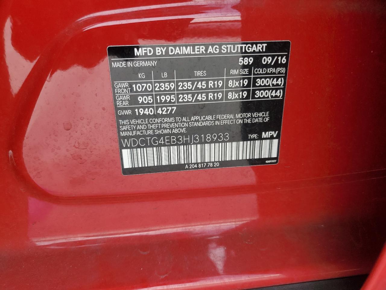 2017 Mercedes-Benz Gla 250 VIN: WDCTG4EB3HJ318933 Lot: 59297175