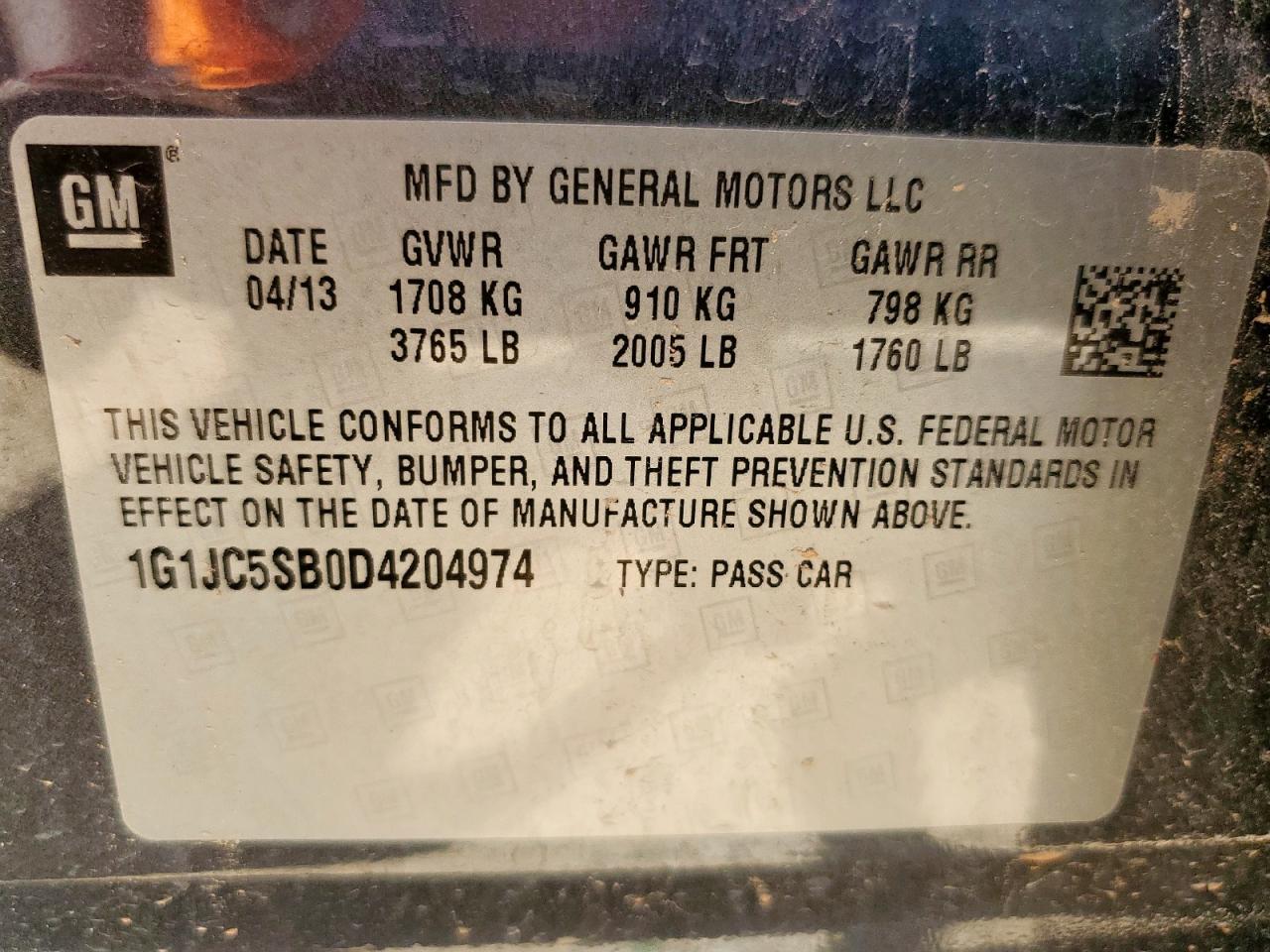 2013 Chevrolet Sonic Lt VIN: 1G1JC5SB0D4204974 Lot: 59576225