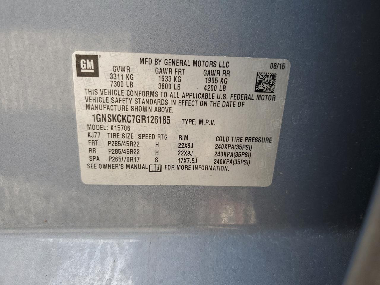 1GNSKCKC7GR126185 CHEVROLET TAHOE 2016