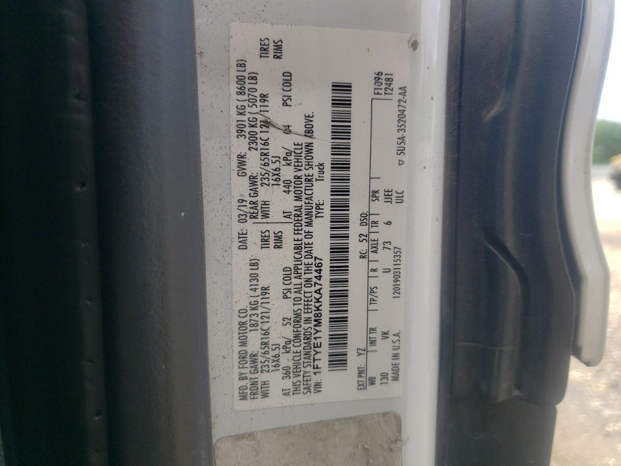 1FTYE1YM8KKA74467 2019 Ford Transit T-150